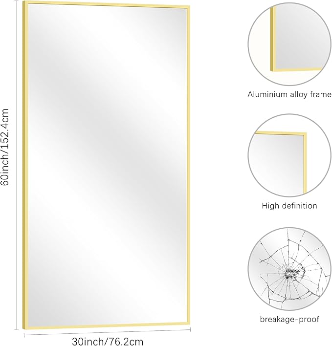 Gold Bathroom Mirror for Wall, 60x30 Inch Rectangle Mirrors with Metal Frame, Modern Vanity Wall Mirror Decor for Bathroom Living Room, Entryway Hangs Horizontal or Vertical