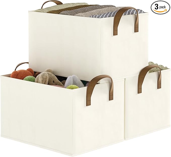Closet Storage Bins, Fabric Closet Organizers and Storage Basket for Shelves, Collapsible Shelf Baskets for Organizing Shelves, Bedroom Clothes Basket, Beige, 3 Pack