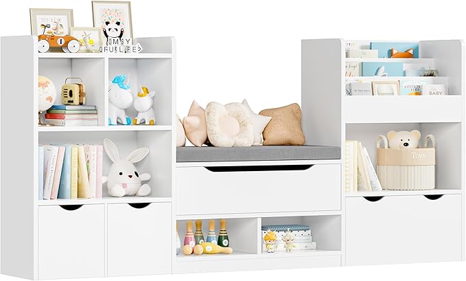 FOTOSOK 72” Kids Bookshelf with Reading Nook, Large Toy Storage Organizer with Seat Cushion and 3 Movable Drawers, Kids Reading Nook Toy Organizers and Storage with Bench for Living Room, White