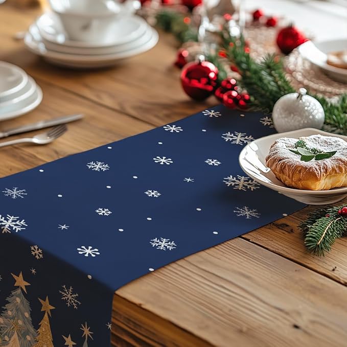 GEEORY Christmas Table Runner 13x36 Inch, Xmas Trees Snowflakes Holiday Decorative Farmhouse Table Decoration for Kitchen Dinning, Indoor Outdoor Dinner Party Decor (Blue) GT151-36