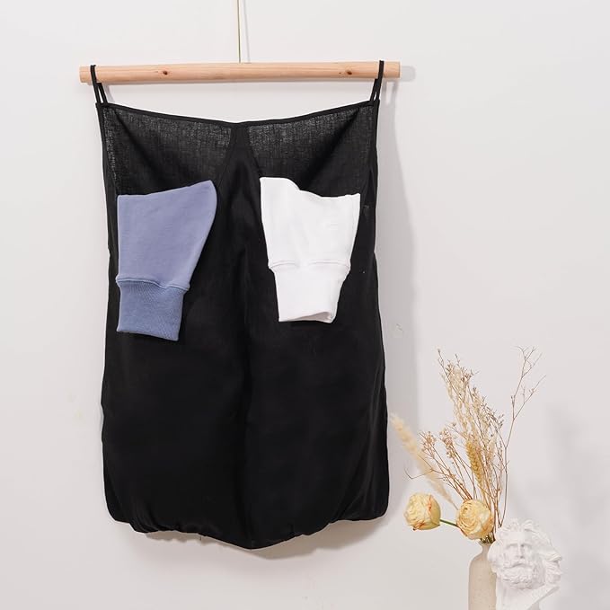 100% Pure Linen Dual Hanging Laundry Bag with 2 Deep Pocket and 2 Side Zipper 20x27in, Over The Door Laundry Hamper Space Saving Hampers for Dirty Clothes Home Travel, Black