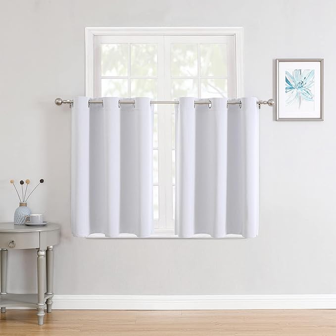 ChrisDowa Small Window Curtains for Kitchen and Bedroom - Grommet Short Thermal Insulated Room Darkening Curtains (2 Panels, Greyish White, 34 x 36 Inch)