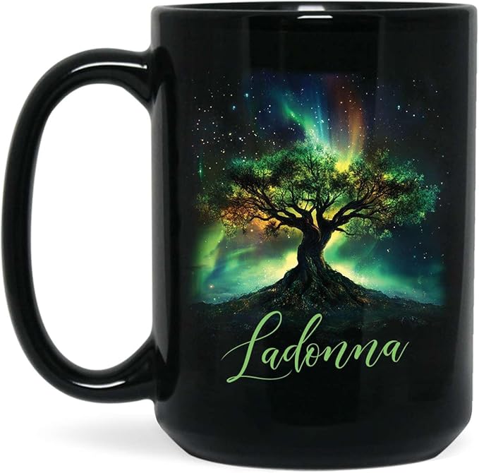 Custom Unique Name Coffee Cup, Customized Mystical Nature Inspired Mug 11oz 15oz, Personalized Enchanted Tree With Northern Lights Ceramic Cup, Nature Black Mug, Gift For Women Men