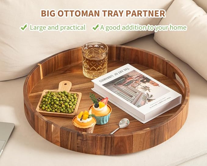 Extra Large Round Ottoman Coffee Table Tray, 22" Big Kitchen Serving Trays for Huge Ottoman Counter Giant Decorative Organizer, Huge Wood Serveware Tray with Built-in Handle for Big Job