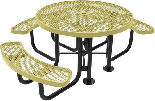 Coated Outdoor Furniture Heavy-Duty Portable ADA-Compliant Outdoor Picnic Table with Umbrella Hole, Expanded Metal Patio Dining Furniture Made in America (46" Round Top, Textured Sand)