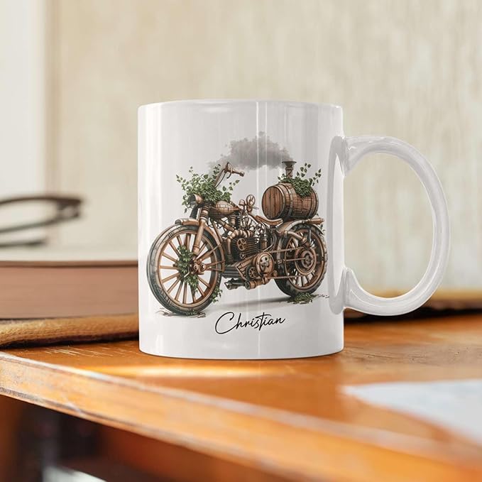 Customized Steampunk Motorcycle Mug With Vintage Design, Personalized Choose Name Coffee Cup 11oz Or 15oz, Custom Steampunk Mug, Unique Steam Engine White Ceramic Mug, Gift For Dad