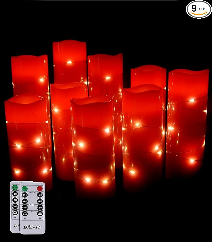 danip red flameless Candle, Built-in Star Cluster, 9 LED Candles, 11 Button Remote Control, 24-Hour Cycle Timer, Flashing Flame, Real Wax, Battery Powered. (Starry Sky Series)