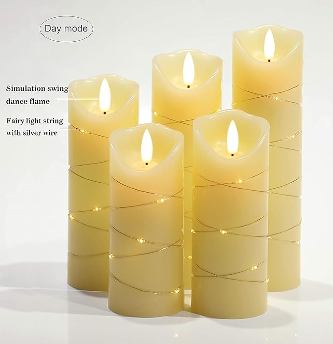 danip flameless Candle, with Embedded String Lights, 5-Piece LED Candles, with 10-Key Remote Control, 24-Hour Timer Function, Dancing Flame, Real Wax, Battery-Powered. (Ivory White)