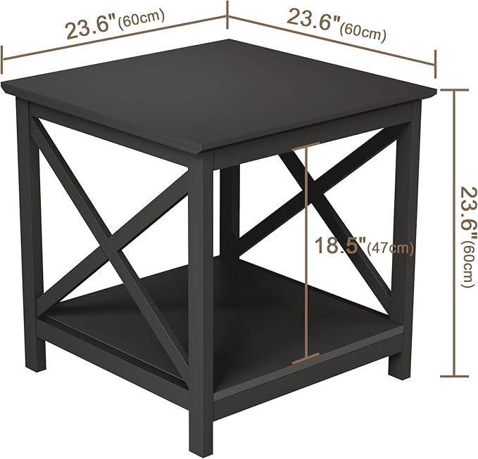 ChooChoo End Table, 24 Inch End Table with 2-Tier Storage Shelf, Side Table for Living Room, Wood Nightstand for Bedroom, Office, Painted Surface, Black