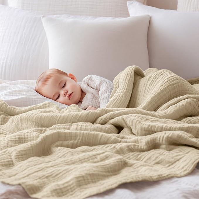 EMME Muslin Baby Blankets 100% Cotton 4-Layer Swaddle Baby 40"x50" Lightweight Soft Breathable Cooling Baby Blanket for Toddler, Infant, Newborn, Boys and Girls All Season Gauze Blanket, Light Tan