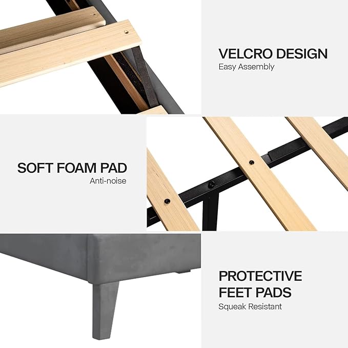 Full Size Bed Frame with LED Lights, Upholstered Bed Frame with Wingback Diamond Tufted Headboard, Wood Slats Support, Noise-Free, Easy Assembly, No Box Spring Needed, Grey