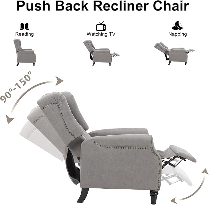 EBELLO Pushback Recliner Chair, Fabric Armchair Push Back Recliner with Rivet Decoration, Mid Century Wingback Accent Chair for Living Room, Bedroom, Grey