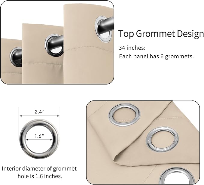 Easy-Going Blackout Curtains for Bedroom, Solid Thermal Insulated Grommet and Noise Reduction Window Drapes, Room Darkening Curtains for Living Room, 2 Panels (34x45 in, Beige)