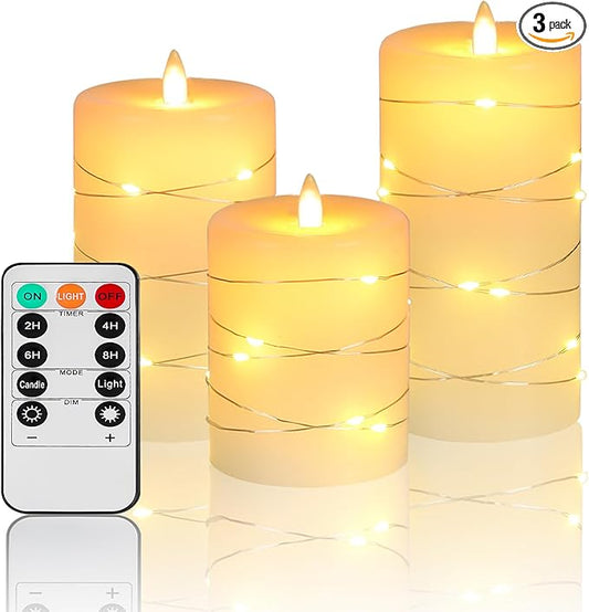 Flameless Candles With Remote, Battery Operated Candles LED Candles with string lights Flickering Candles with Timer, 4‘’ 5‘’ 6‘’ Candle For Seasonal and Festival Celebration’s Candles set of 3