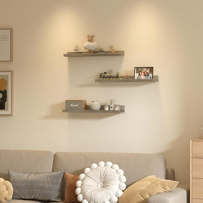 Giftgarden 24 Inch Grey Floating Shelves for Wall Mount, Gray Wood Wall Shelf Ledge for Bathroom Bedroom Living Room Kitchen Storage, Set of 3 Different Sizes