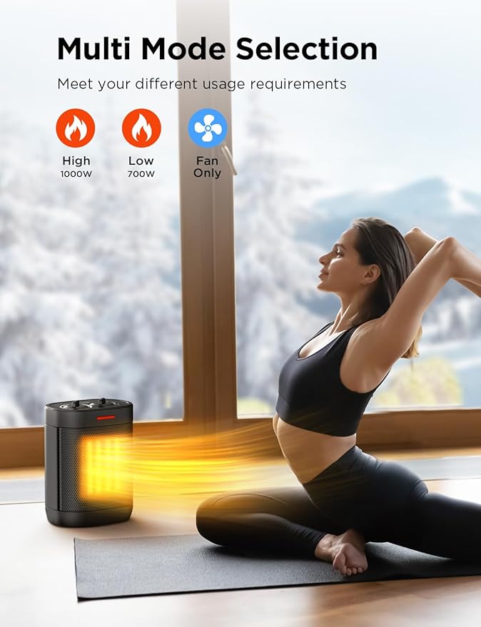 1000W Small Space Heater for Indoor Use, 2S Fast Heating, PTC Ceramic Electric Space Heater with 3 Modes, Thermostat, Overheated & Tip-Over Safety Protection, Portable Heater for Office and Bedroom