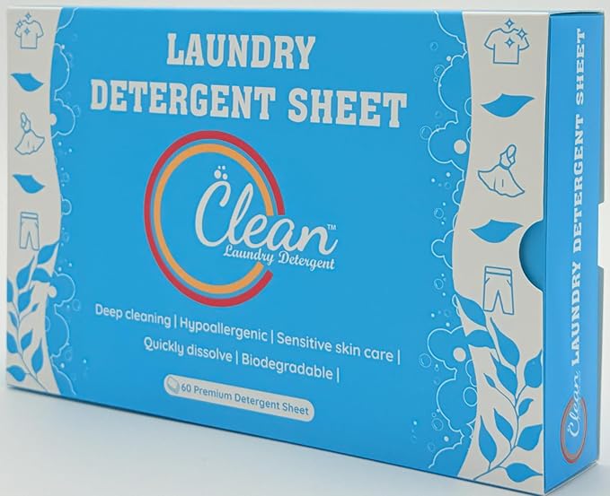 Clean Laundry Detergent™– Hypoallergenic, Eco-Friendly, Plant-Based, Biodegradable, 100% Natural – Gentle on Skin & Fabrics, Fresh Scent, 60 Premium Detergent Sheet
