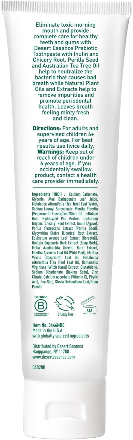 Desert Essence Prebiotic Plant-Based Whitening Toothpaste - Mint - Oral Care with Inulin, Perilla Seed & Aloe - Vegan, Fluoride Free, Non-GMO, Gluten-Free, Cruelty-Free - 6.25 oz