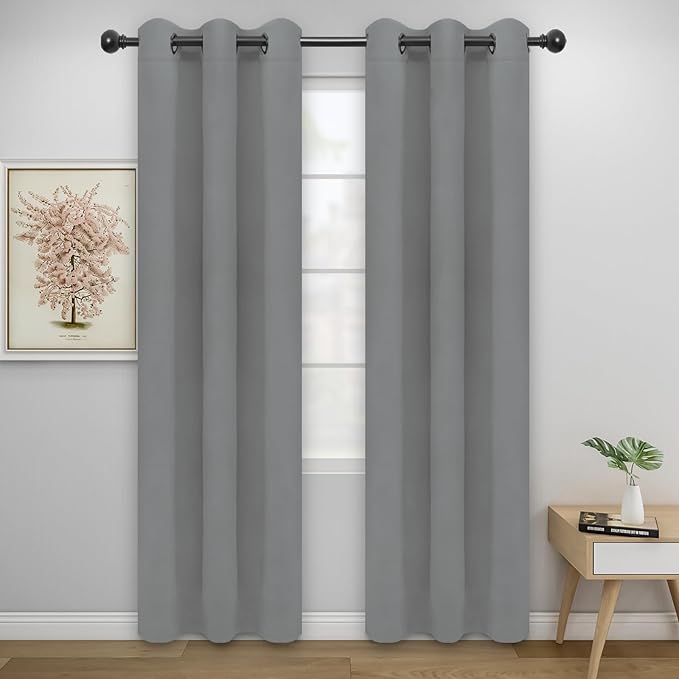 Easy-Going Blackout Curtains for Bedroom, Solid Thermal Insulated Grommet and Noise Reduction Window Drapes, Room Darkening Curtains for Living Room, 2 Panels (34x84 in, Light Gray)