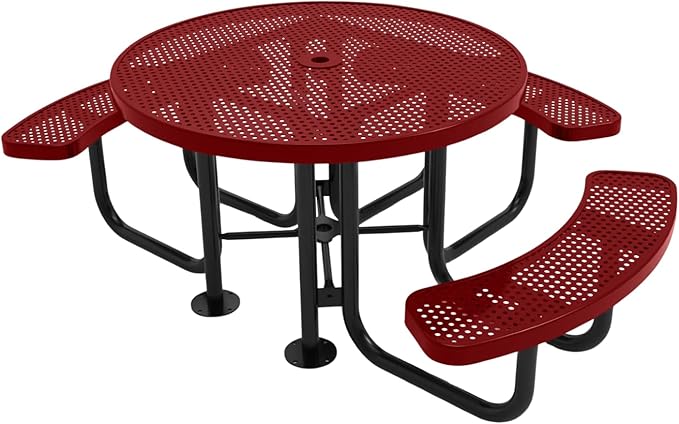Coated Outdoor Furniture Heavy-Duty Portable ADA-Compliant Outdoor Picnic Table with Umbrella Hole, Punched Steel Patio Dining Furniture Made in America (46" Round Top, Textured Burgundy)