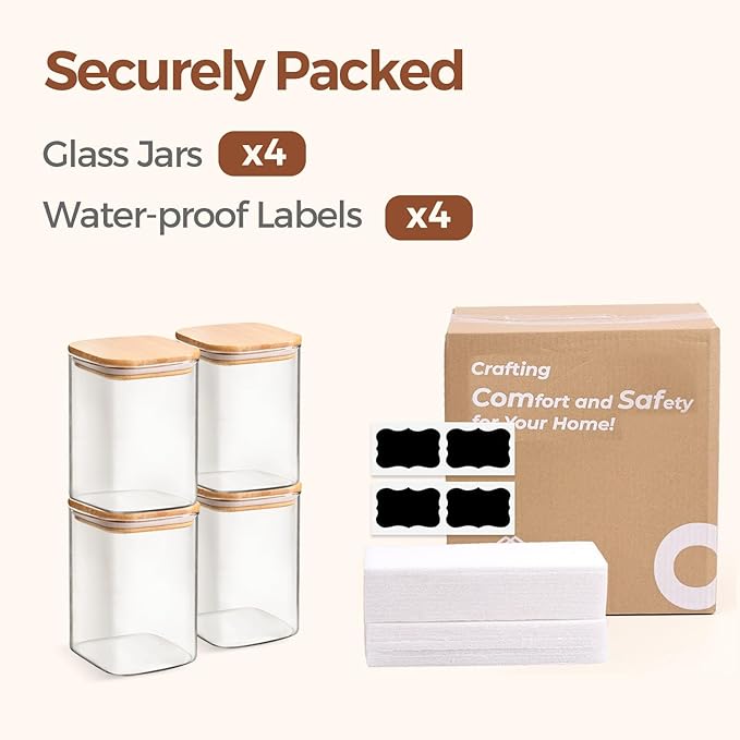 ComSaf Glass Storage Containers with Lids, 1.2 Qt Glass Jars with Lids, Clear Food Storage Jar, Canister For Pantry Cookie Flour Cereal Rice Sugar Tea Coffee Beans Spice, Square Set of 4