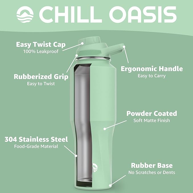Chill Oasis Water Bottle | Compatible With Popular Flavor Cartridges | BPA Free, Leak Proof, Double-Walled Vacuum Insulated Stainless Steel, and Dishwasher Safe | Cold for 24 Hours (Sage, 32oz)