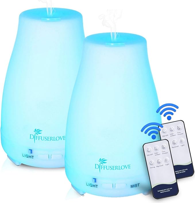 Diffuserlove Diffuser 2 Pack Essential Oil Diffuser 200ML Remote Control Ultrasonic Aromatherapy Diffuser Mist Humidifiers for Bedroom Office Yoga