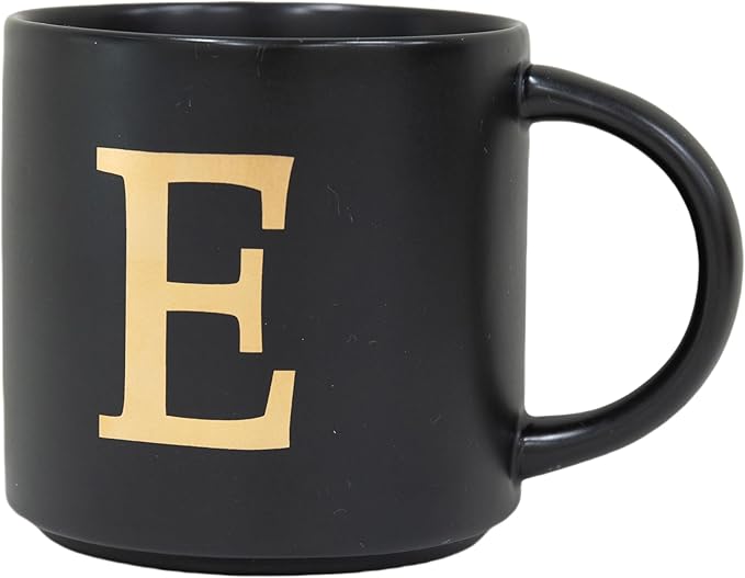 COLLECTIVE HOME - Monogram Ceramic Mugs, 15 oz Golden Initial Black Coffee Cups, Elegant Alphabet Tea Mugs, Elegant Personalized Mug with Gift Box, Unique Mug with Double Side Capital Lette (E)