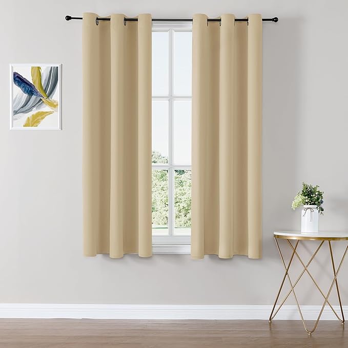 ChrisDowa Small Window Curtains 50 inches Long for Bedroom - Grommet Short Thermal Insulated Room Darkening Curtains for Kitchen (2 Panels, Biscotti Beige, 29 x 50 Inch)