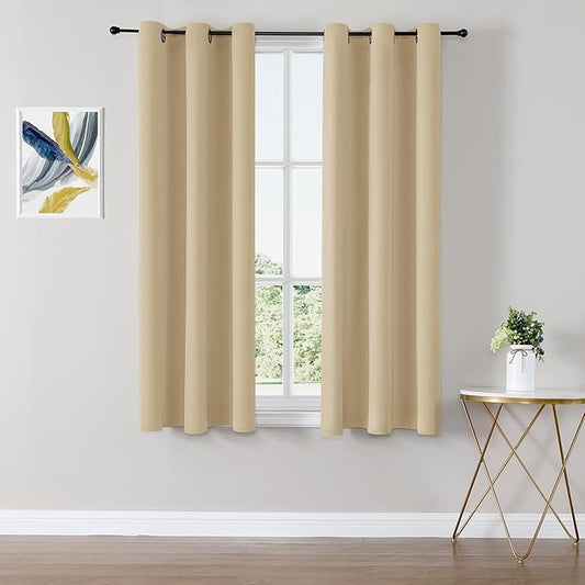 ChrisDowa Small Window Curtains 40 inches Long for Bedroom - Grommet Short Thermal Insulated Room Darkening Curtains for Kitchen (2 Panels, Biscotti Beige, 29 x 40 Inch)