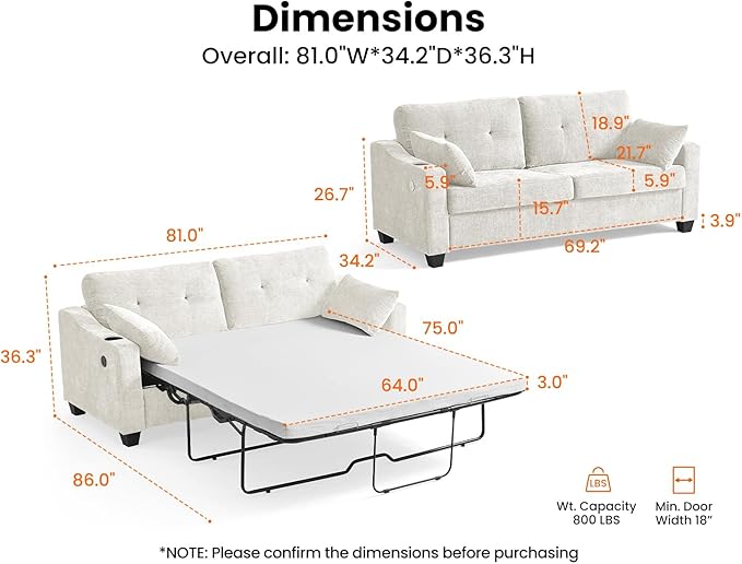 CHIC HOUSE Pull Out Sofa Bed, Full Size Sleeper Sofa, 2-in-1 Convertible Chenille Couch with USB Charging, Memory Form Corduroy Couch for Living Room, Apartment & Small Space (Beige, Chenille - Queen)