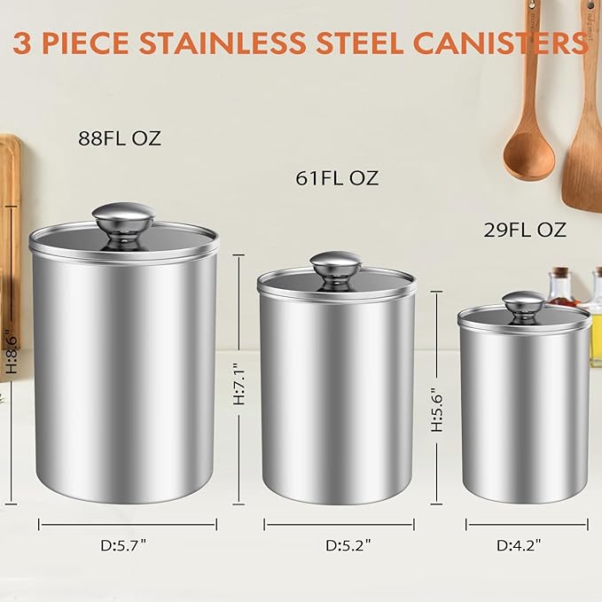 ENLOY Stainless Steel Food Storage Container Set of 3, 88/61/29 oz with Clear Glass Lids - Ideal for Coffee, Tea, Sugar, Flour Canisters