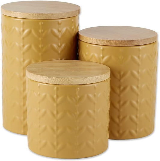 DII Kitchen Accessories Collection, Textured Matte Ceramic Canister Set, Honey Gold, Vine, 3 Piece
