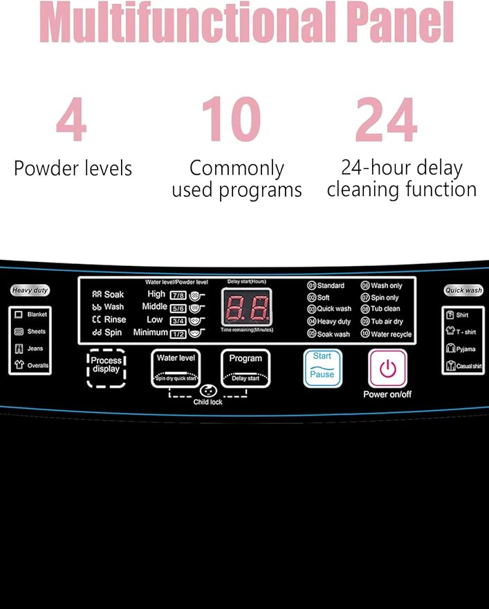 Full-Automatic Washing Machine 25 lbs Portable Washer 10 Wash Program & 8 Water Level with LED Display，Drain Pump, Ideal for Apartments, RV, Camping, Grey