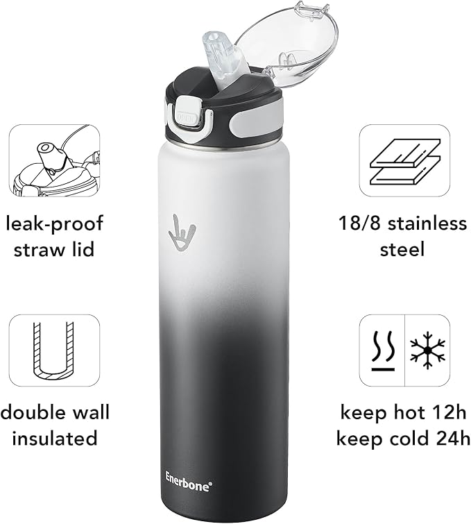 Enerbone 32 oz Insulated Water Bottle, Stainless Steel Bottle with Carrying Strap, Double-Wall Vacuum Insulation Design, Leakproof Sports Bottle with Straw, Keep Drinks Cold or Hot for Hours