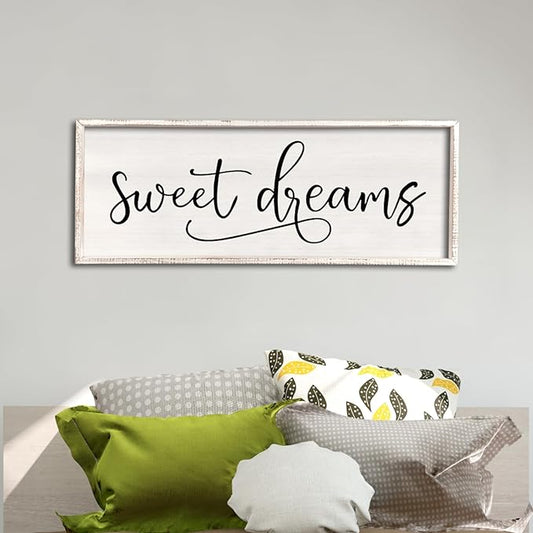 comurdyo Sweet Dreams Wall Decor Above Bed Sign 40" x 15" Master Bedroom Wooden Antique Framed Large Rustic Farmhouse Guest Room Beautiful Simple Hanging Plaque Over Bed Wall Art (White)