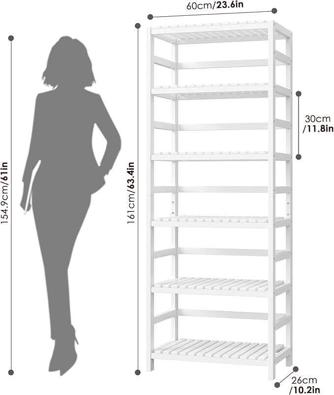 FOTOSOK 6-Tier Bamboo Shelf, Bamboo Bookcase with Adjustable Shelves, Free Standing Storage Shelf Unit, Plant Flower Stand for Bathroom, Kitchen, Home Office, White