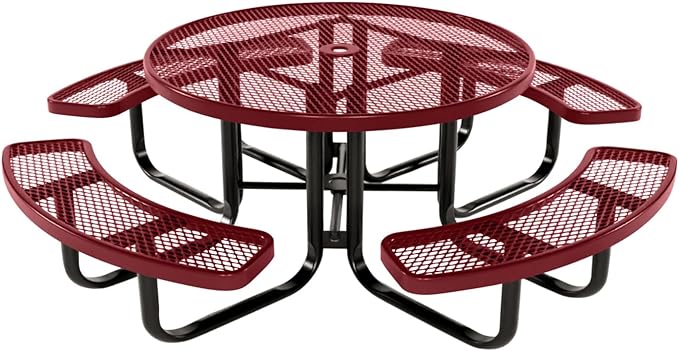 Coated Outdoor Furniture Heavy-Duty Portable Outdoor Kids Table with Umbrella Hole, Expanded Metal Kids Picnic Table, Commercial-Grade, Made in America (46 In, Round, Childrens, Burgundy)