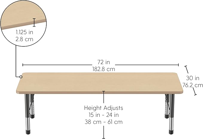 Factory Direct Partners FDP Rectangle Activity School and Classroom Kids Table (30 x 72 inch), Chunky Toddler Leg, Adjustable Height 15-24 inches - Maple Top and Maple Edge