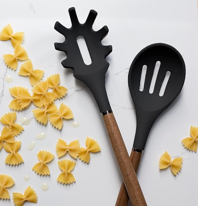 Country Kitchen Non Stick Silicone Utensil Set with Rounded Wood Handles for Cooking and Baking, 8 Piece Set, Black