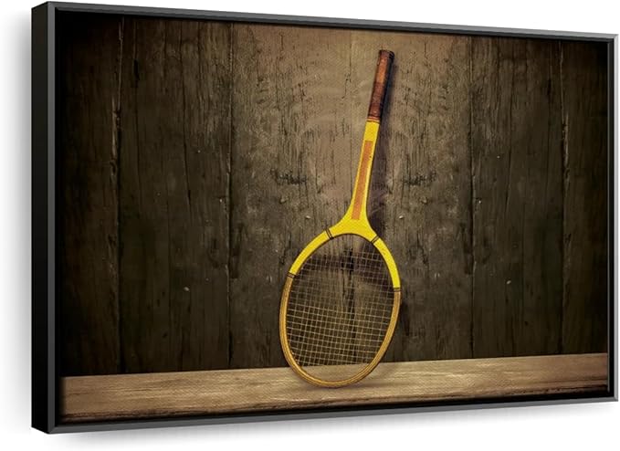 ElephantStock Vintage Tennis Racket Wall Art - Horizontal Framed Canvas - 1-Piece Living Room Wall Decor - Photography Sports Canvas Print - Brown and Black Decor for Wall - 19" X 13"