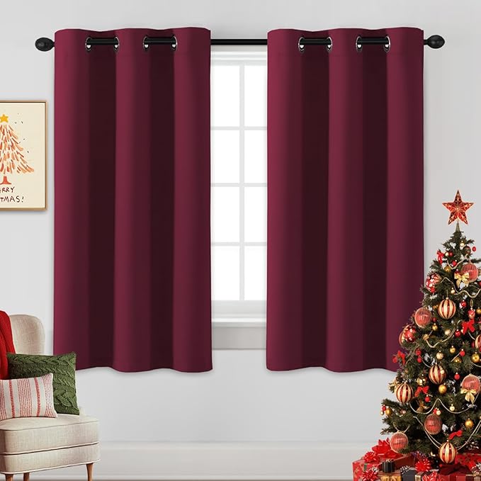 H.VERSAILTEX Christmas Curtains for Bedroom Thermal Insulated Room Darkening Living Room Curtains 63 Inch Long Grommet Privacy Protection Window Curtain Panels/Drapes for Nursery, 2 Panels, Burgundy