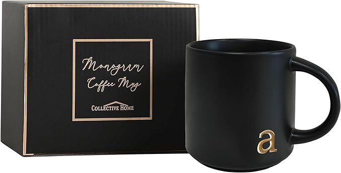 COLLECTIVE HOME - Black Monogram Ceramic Mugs, 15 oz Golden Initial Coffee Cups, Elegant Alphabet Tea Mugs, Personalized Halloween Mug with Gift Box, Perfect for Office and Home Décor (a)