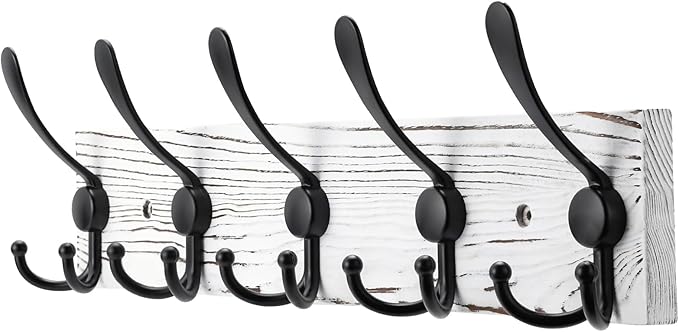 Coat Rack Wall Mount Wooden Hat Rack for Wall Hooks Pine Real Wood Plank 16.9" White Coat Hanger with 5 Black Triple Hooks for Hanging Coat Hat Jacket