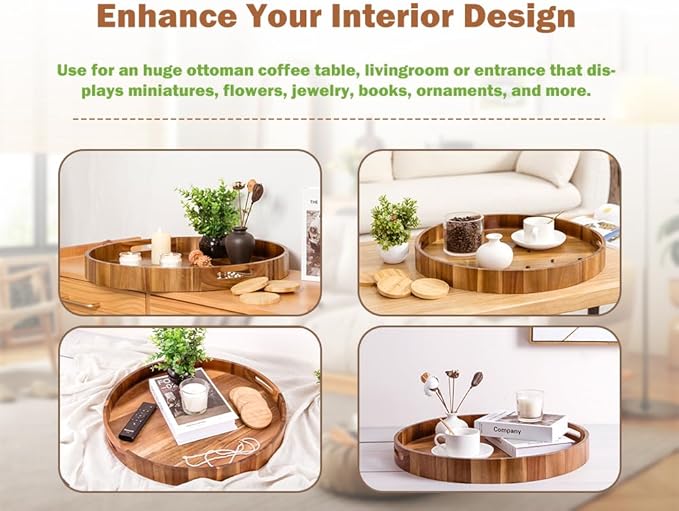 Extra Large Round Ottoman Coffee Table Tray, 22" Big Kitchen Serving Trays for Huge Ottoman Counter Giant Decorative Organizer, Huge Wood Serveware Tray with Built-in Handle for Big Job