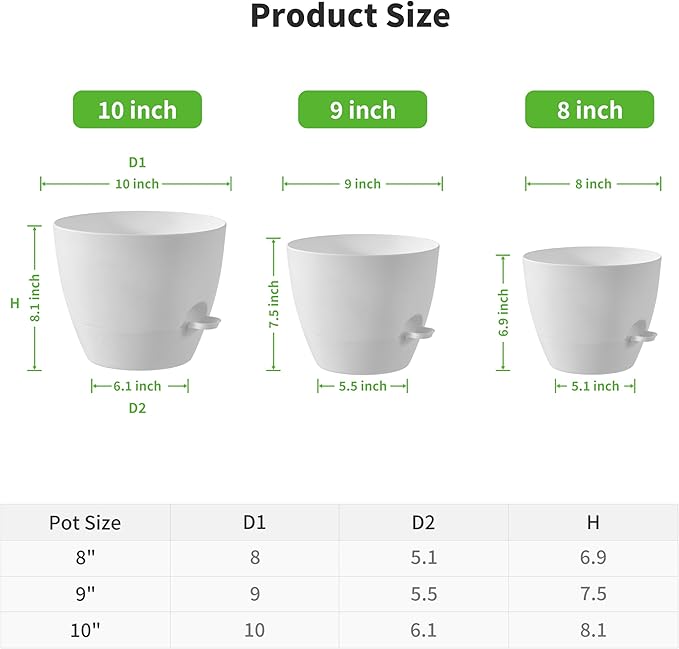 FaithLand 3-Pack Planter Pots, 10 9 8 Inch Self Watering Flower Pots for Indoor Outdoor Garden Plants, White