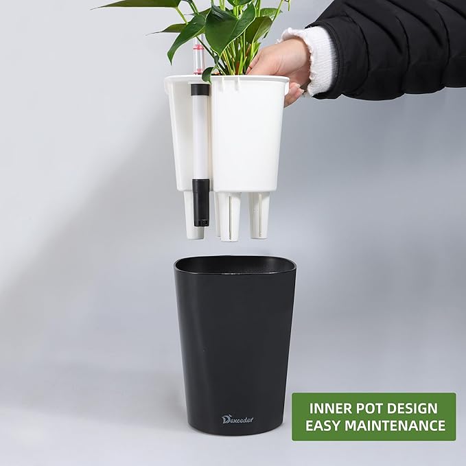 Dexceder 6x7 Self Watering Planter Indoor Outdoor, High Gloss Table Flower Plant Pot with Water Level Indicator (Black)