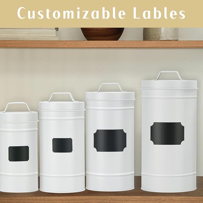 Farmhouse Canister Set for Kitchen Countertop, Airtight Nesting Kitchen Canisters Set of 4, Mental Flour Sugar Coffee Tea Storage Canister Jars, Vintage Country Design, White