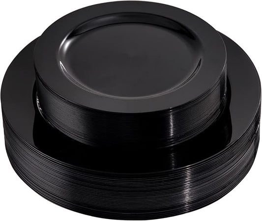 FLOWERCAT 60PCS Black Plastic Plates - Heavy Duty Black Disposable Plates for 30 guests Halloween Party/Wedding/New Year - Include 30PCS 10.25inch Dinner Plates and 30PCS 7.5inch Dessert Plates