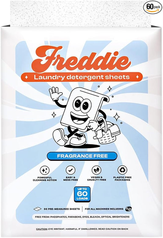 Freddie Low-Waste Laundry Detergent Sheets – Jug Free Format – Pre-Measured Strips – 60 Loads – Unscented for Sensitive Skin